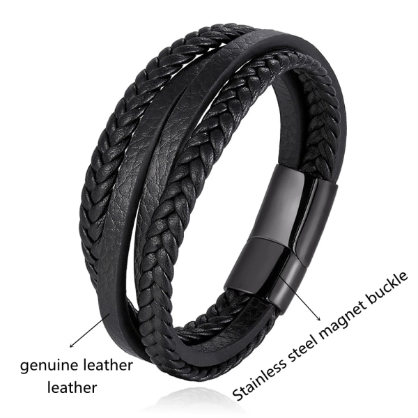Mode Enkel design Flerlagers läderrep Handvävt 316L magnetarmband i rostfritt stål Herrsmycken black 19cm