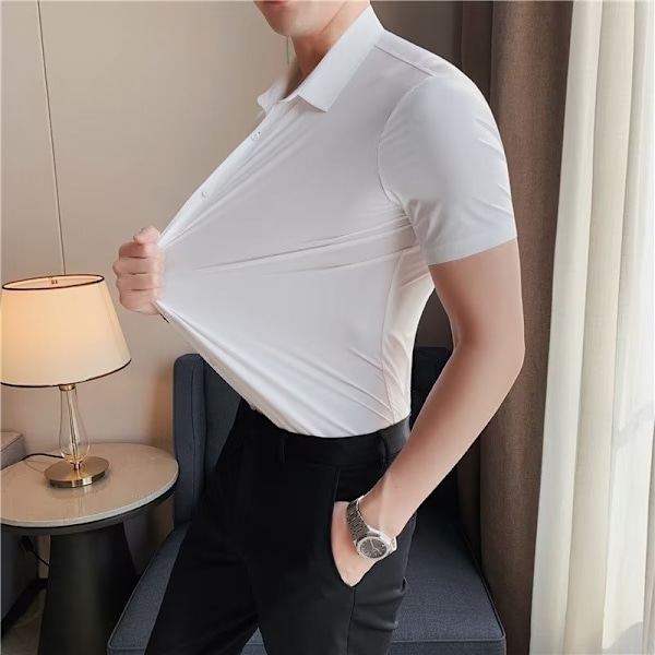 Mäns Tröja Lång Ärm Sommar Slim Fit Stretch Business 2023 Nya Mäns Kostym Skjorta Gray Short Sleeve XXL