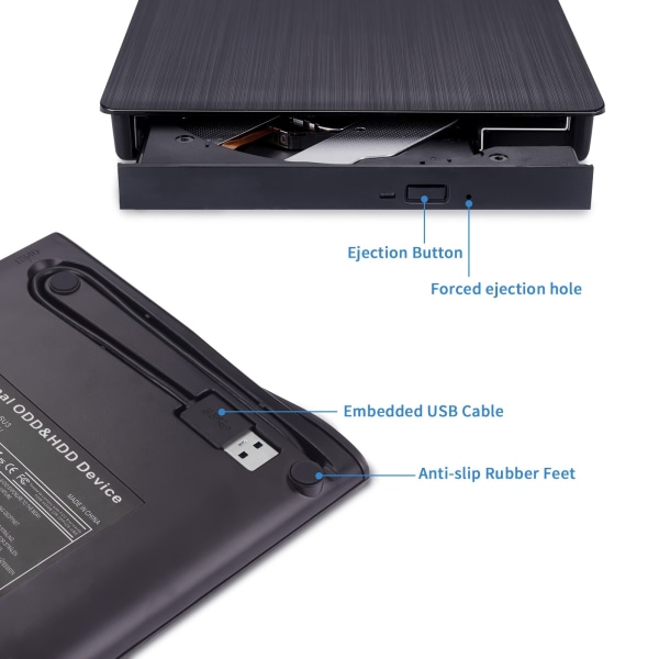 Extern USB 3.0 Type-C DVD-enhet: Bärbar DVD-spelare för bärbar dator, CD/DVD +/-RW-brännare för Windows, Linux, för MacBook - Perfekt påskpresent! Black