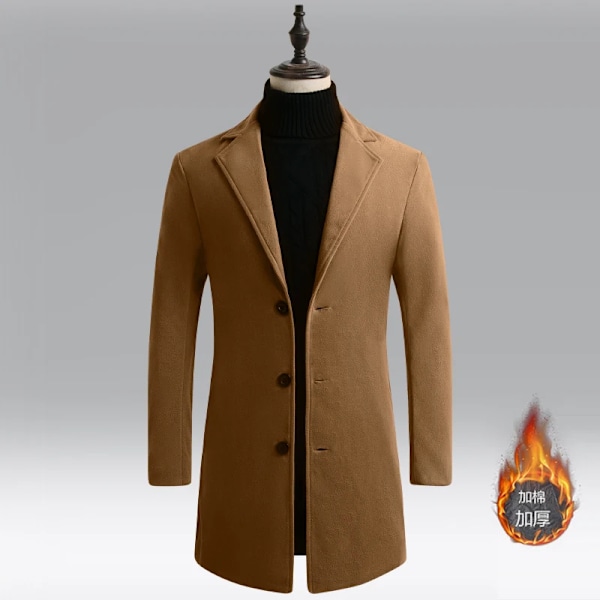 Koreansk stil Mænd Trenchcoat Lapel Knapper Uld Frakke Casual Overcoat Jakker Mænd Varme Lange Outwear Forår Vindjakke Khaki 3XL     72 to 77kg