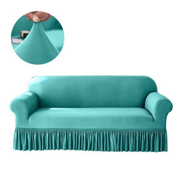 Högstretch enfärgad cover för vardagsrum Spandex cover med kjol Dammtät Halkfri soffa Överdrag Hem Sky Blue 3 seat  190-230cm