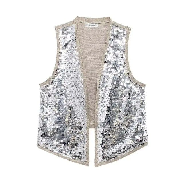 Zevity Kvinder Euro V-hals Sequined Design Patchwork Vest Jakke Dame Ærmeløs Åben Syning Casual Retro WaistCoat Tops CT6229 BB CT6229 M