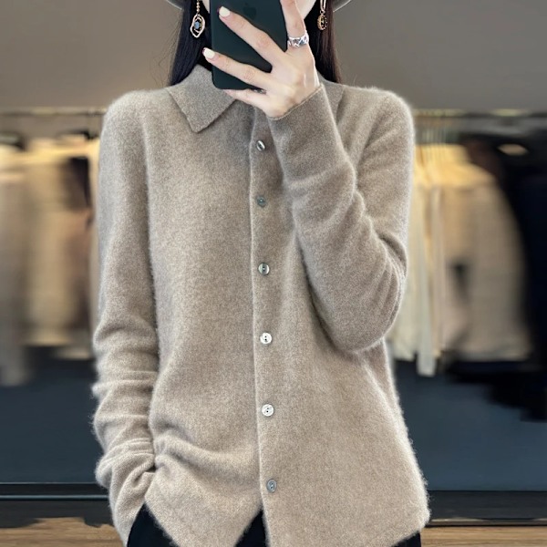 Kvinnor Merino Ulol Sweater Polo Krage Skräddar Cardigan Höst Vinter Cashmere Cashmere Casual Sticka Loose Mjuk Jacka Bottoming Topp S Camel XL