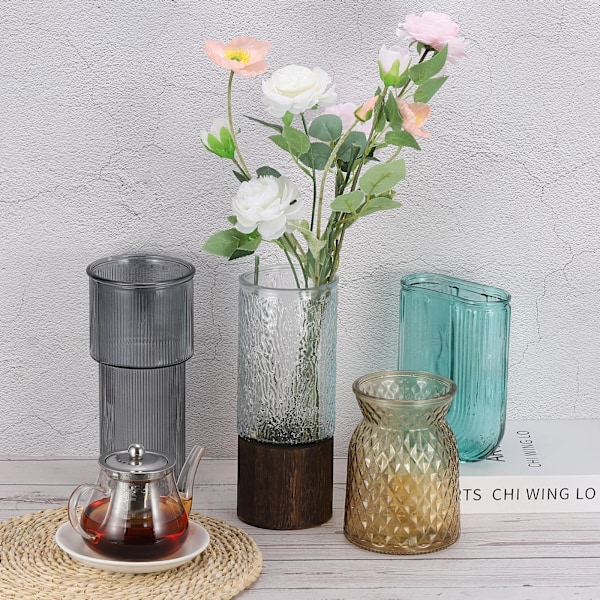 Træbase Blomster Vase Moderne Glas Vase til Blomster Ribbet Glas Vase til Stue Soveværelse Spisestue Bord Kontor Hjem Dekoration Grey