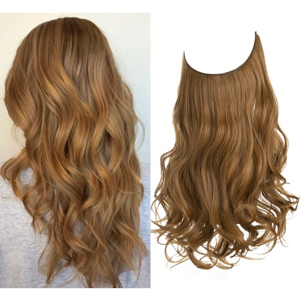 Syntetiska Ingen Clip Wave Hår Extensions Ombre Naturlig Svart Blond Rosa En Bit Falsk Hårpiece Fisk Linje Fake Hårstycken Golden Auburn 18inches