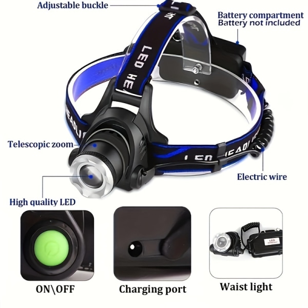 1 st USB uppladdningsbar LED-strålkastare, superljus strålkastare med 3 lägen, zoombar, vattentät pannlampa för campingjakt (batteri ingår ej) Blue Black