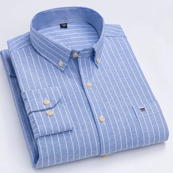 Herr 100 % bomull, långärmad knappad rutig skjorta Enkelbröstficka Work Casual Rutigrandiga Oxford-skjortor med standardpassform 601 39 Size 165CM 60KG