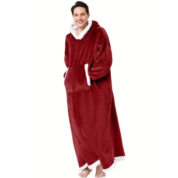 Men's Trendy Pajamas Hooded Warm Flannel Robe With Pocket, Solid One-piece Hoodie Pajamas, Coral Fleece Comfy Breathable Skin