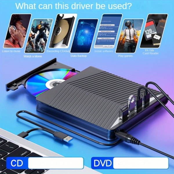 4 USB med LED-lampor, externa CD/DVD-spelare för persondatorer, CD/DVD-spelare. Typ-C, multifunktionsförlängare, kortläsare för Windows Black