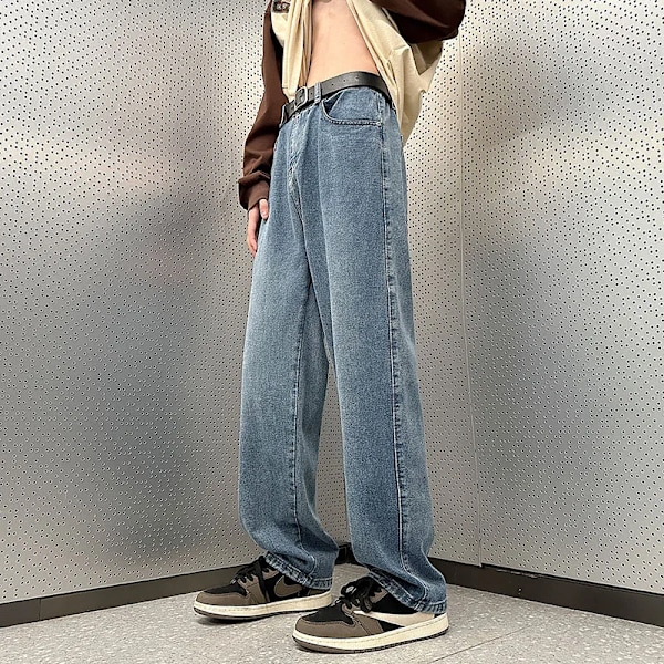 5 Färger Mode Koreanska Baggy Byxor Män Våren Höst Nya Lösa Straight Jeans Elastisk Midja Bred Ben Casual Byxor Män Kläder light blue S