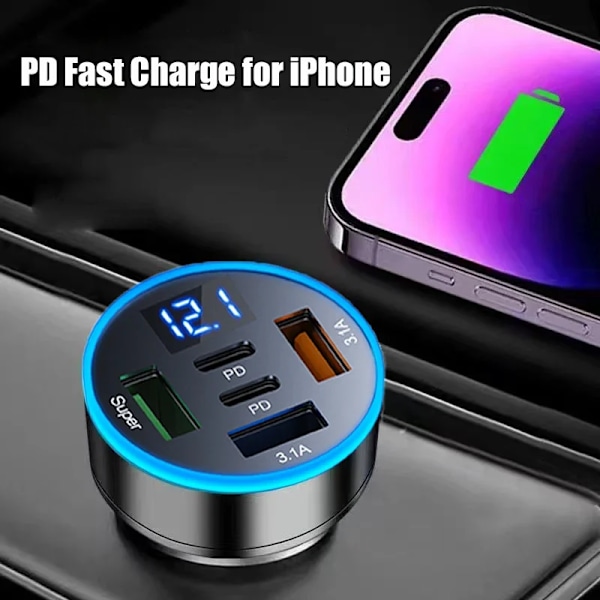 Uyuxio Dubbel Pd Usb C Biltelefonladdare Med Spänningsdisplay 5 I 1 Super Snabb Laddningsadapter För Samsung Huawei Ett Plus. Black Car Charger