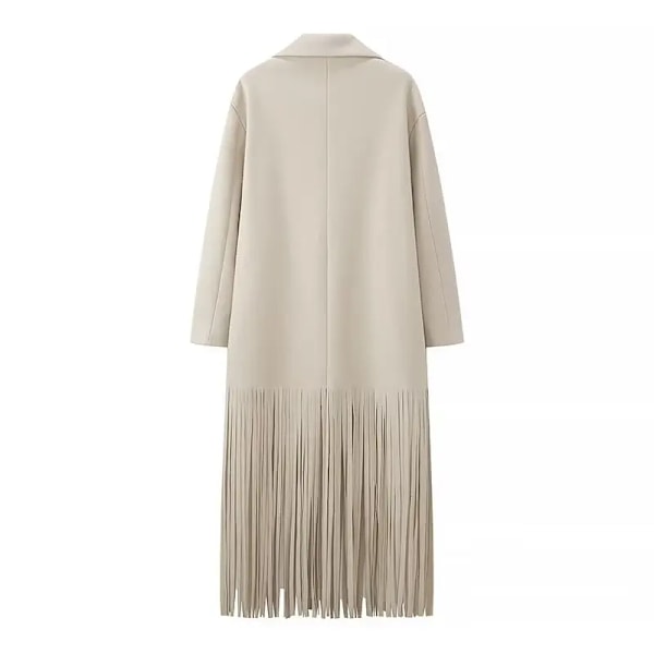 Plus Storlek Kvinnors Kläder Våren Höst Ull Rock Street Style Mode Klänning Jacka Med Fringed Hem Lång Kostym Överstorl Topp Beige XL