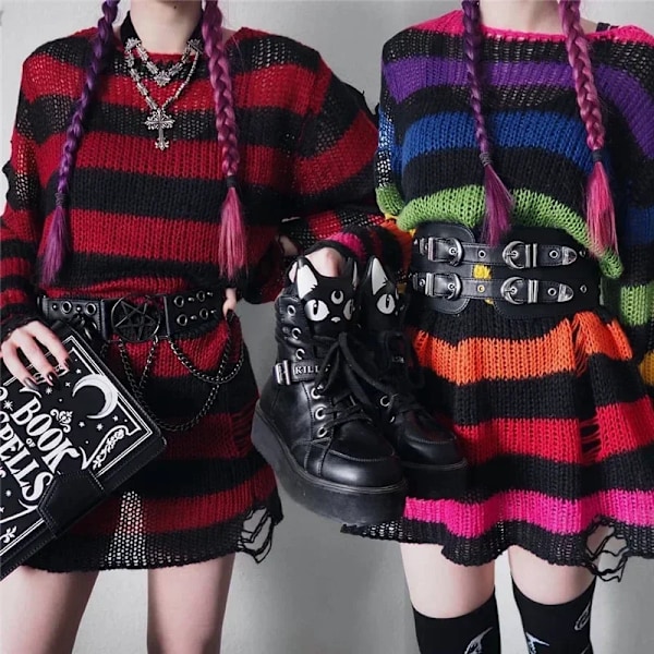 Goth Punk Goottilainen Pusero Ylisuuret Puloverit Naiset Raidallinen Kylmä Reikä Ulos Reikä Rikki Hypyt Harajuku Estetiikka Puserot blackrosered One Size