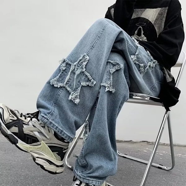 Mäns Denim Byxor Casual Jeans För Män Baggy Loose Streetwear Män Byxor Stjärnan Grafisk Y2k Harajuku Mode Blue L 52-57kg