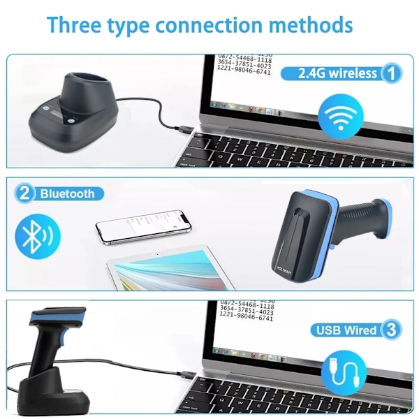 Holyhah 1D 2D håndholdt stregkodescannerlæser QR PDF417 Bluetooth 2.4G trådløs kablet USB-platform HS2200 2.4G Wireless