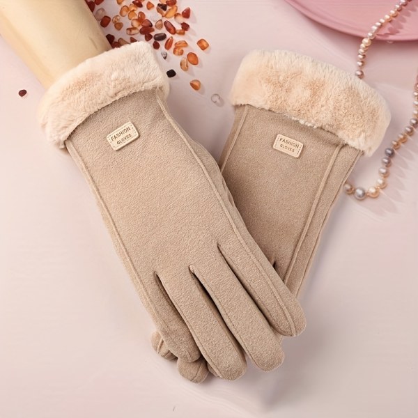1 par/2 par varma plyschhandskar i mocka, vindtät pekskärm för damer för utomhusbruk Pink+Coffee Color