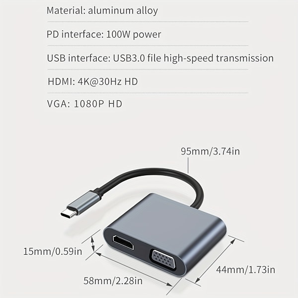 4k30Hz USB C Hub till HDMI VGA Multiport Adapter, 4-i-1 Hub USB 3.0 100w Power PD-port (Thunderbolt 3) För MacBook Pro/Air/ipad Pro grey