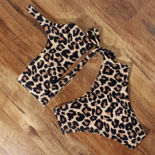 Bikini Dam Baddräkt 2022 Dam Baddräkt Sexig One Shoulder Push Up Leopard Bikini Set med hög midja Badkläder Baddräkt B4286OR L