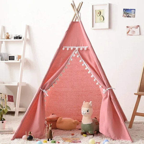 Bärbara Barn Tält Tipi Lek Hus Kids Bomull Canvas Indisk Lek Tält Wigwam Child Little Beach Teepee Festrum De Kort pink tent