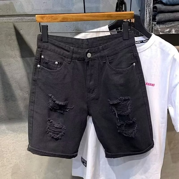 Ripped Denim Shorts Män Modemärken Hong Kong Style Retro Femte Byxor Mäns Sommar Tunna Straight Byxor 2024 Nytt Black 30