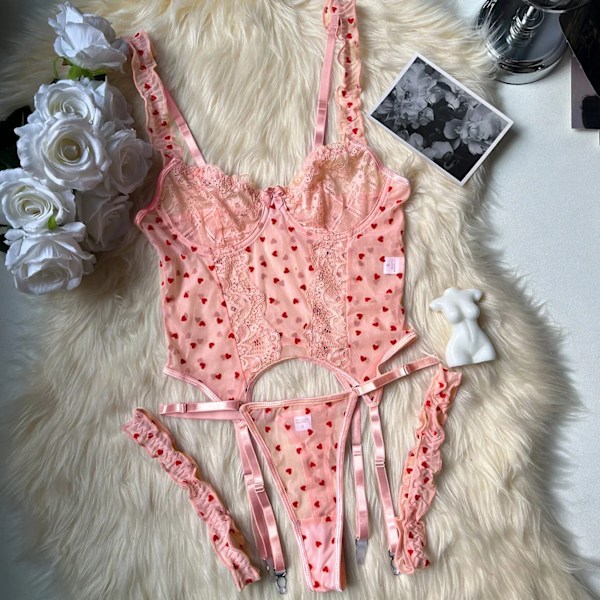 Lovermore Sexig Underkläder Set Romantisk Hjärtat Spets Ruffled Vackra Underkläder Fancy Exotic Set Valentine Polka Do. T Intimt pink S