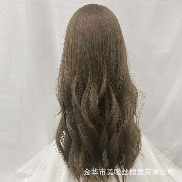 Ny Fashion Solid Farve Langt Krøllet Hår Qi Air Bangs Damer Paryk Lange Bølger Krøller Langt Hårparyk Cold Brown