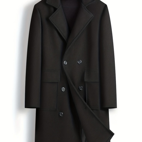 Chic Elegant Dubbelknäppt Trench Coat, Casual Lapel Flap Fick Ylleöverrock för män för höst och vinter företag Black XL(52)