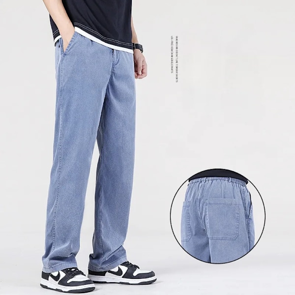 Sommer Nye Baggy Jeans Mænd Klassiske Tynde Lyocell Stof Høj Kvalitet Straight Casual Bukser Bløde Denim Bukser Kaffe Blå Grå Blue M(W28-W29)