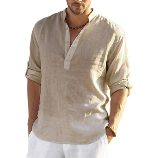 Ny Långärmad T-shirt i linne för män Enfärgad lös casual Långärmad bomullslinneskjorta white S
