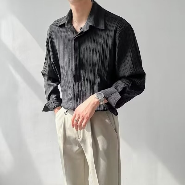 Koreansk Stil Loose Plesat Långärmad Skjorta Mäns Vår Trend Handsom Casual Non-Ironing Tröja Mäns Shirs Sommare Apricot XXL