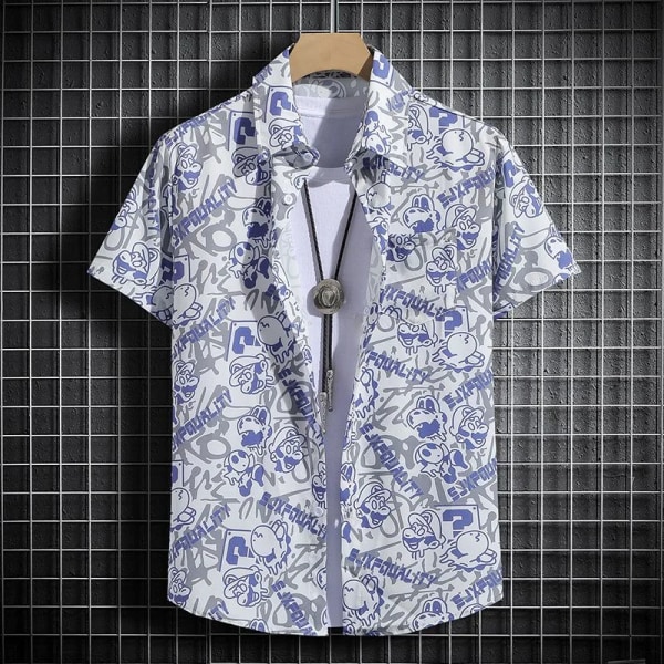 Snygg skjorta med printed , lös passform med korta ärmar för män och kvinnor - perfekt för casual strandlook C51 White M 40-50kg