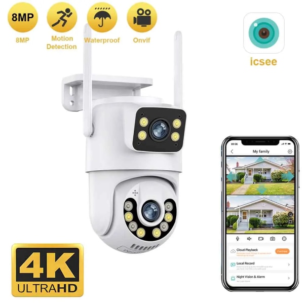 4K HD Dual Lens WIFI-kamera 2K Dual Screen PTZ-kamera utomhus Autospårning Säkerhetskamera Vattentät övervakning ICSEE EU Plug 8MP No SD Card