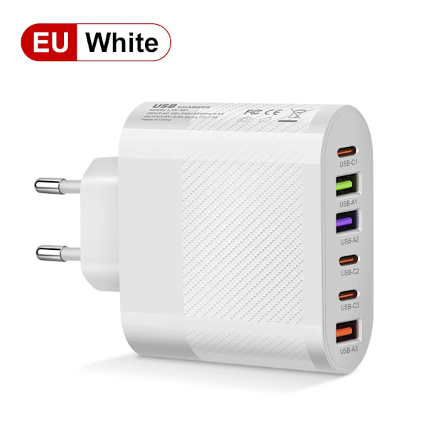 65W Usb C Laddare Flera 6 Portar Typ C Pd Snabbladdning Mobiltelefon Vägg Adapter För 14 15 Pro Xiaomi Samsung Oneplug S White EU