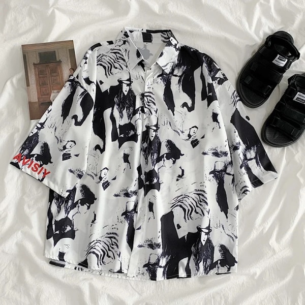 Män Gatumode Sommar Daglig skjorta Hawaiianskt tecknat print Casual lösa skjortor Kortärmade strand lösa toppar WHITE S