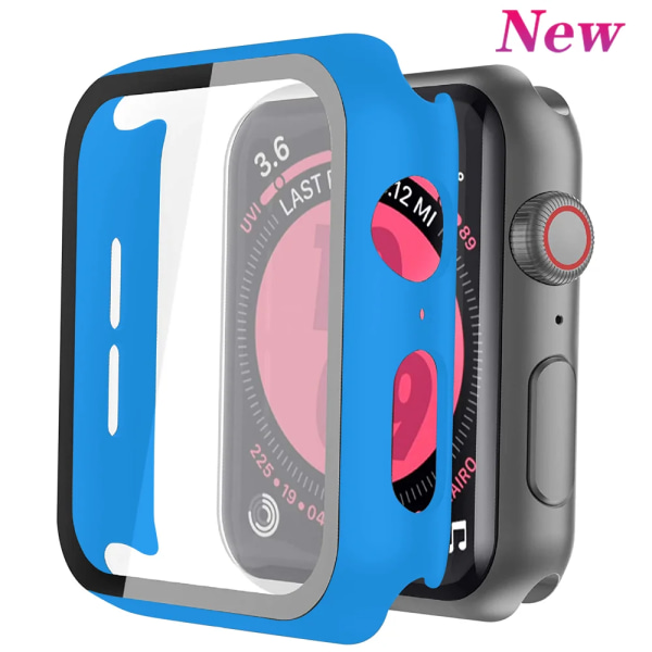 Glas+ cover För Apple Watch Case 44mm 40mm 42mm 38mm stötfångare Skärmskydd för Apple Watch Tillbehör 9 8 7 6 5 4 3 41mm 45mm Wave Blue 11 Series 321 38MM