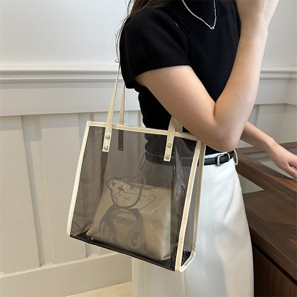 Transparent Väska Bärbar Kvinnor 2024 Sommar Nytt Fahionable Korean-Stil Axel Väska Stor Kapacitet Tote Bag Mor Och Mammar Transparent Påsen Transparent Black