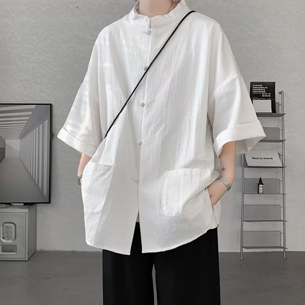 Kiinalainen tyyli keskipitkän hihan paita miehille kesä puuvilla ja pellava löysä Tang puku lyhythihainen uusi kiinalainen miesten pellavapusero White XL