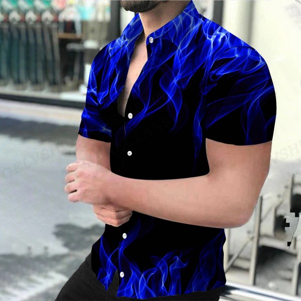 Herrskjorta Blue Flame 3d- printed skjortor Herr Kvinnor Mode Hawaiiskjorta Casual Beach Blusar Herr Yrke Lapel Blus Pojke ASF5C231512Y 2XL