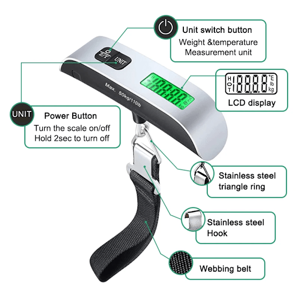 Bærbar LCD Digital Hængevægt Bagage Kuffert Bagagevægt Rejsevægte med Bælte til Elektronisk Værktøj 50kg/110lb Silver