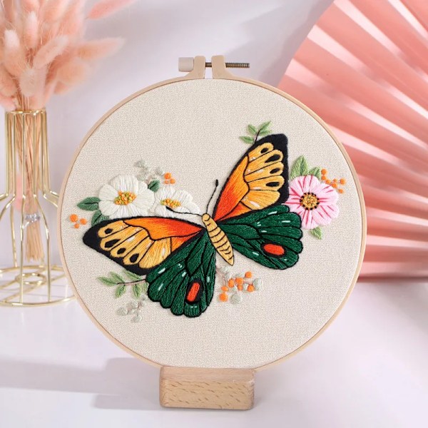 Diy Broderi Kit Butterfly Tryckt Mönster För Nybörjare Kors Styng Sett Sats A NO HOOP NO HOOP kit