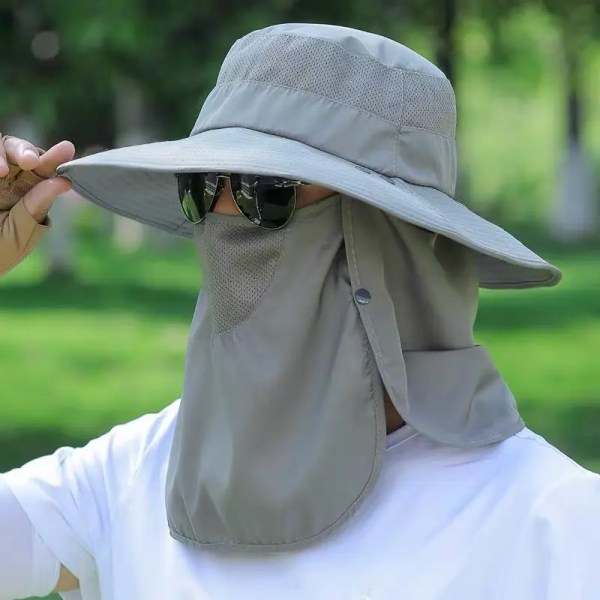 Fiskehatt för män Solskydd utomhus hatt med bred brätte med avtagbart mesh i ansiktet cover Vindtätt band Khaki