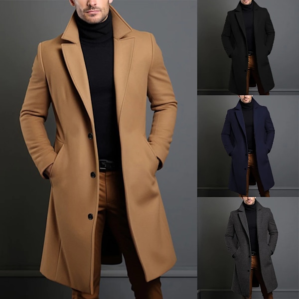 Varm Och Bekväm Black Trench Coat För Män Lång Ärm Enkel Bröstcoat Perfekt För Höst Och Vintern Black S