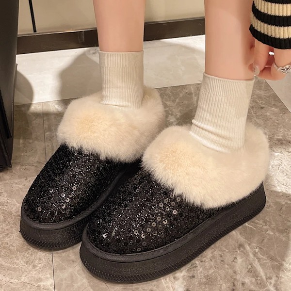 Kvinnors Fluffy Faux Päls Snövlar Glitter Paljetter Slip På Plattform Fotled Stövlar Kvinna Tjock Solen Plush Varm Vinterbotas Mujer Ordförande Black 36