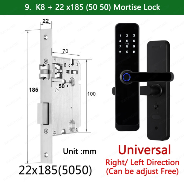 K8 Smart Dörrlås TTlock Bluetooth / Tuya Wifi Fingeravtryck Lösenord 13,56MHZ IC-kort Keyless Smartlife Home 22x185 TT Lock Version