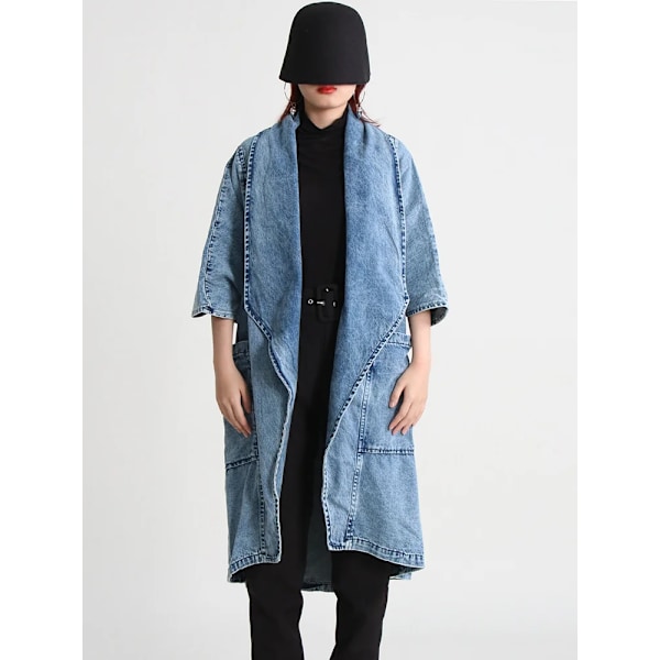 Twotwinstyle Solid Loose Casual Denim Frakke Til Kvinder Lapel Langærmet Patchwork Lomme Temperament Trench Kvinde Ny Mode Blue One Size