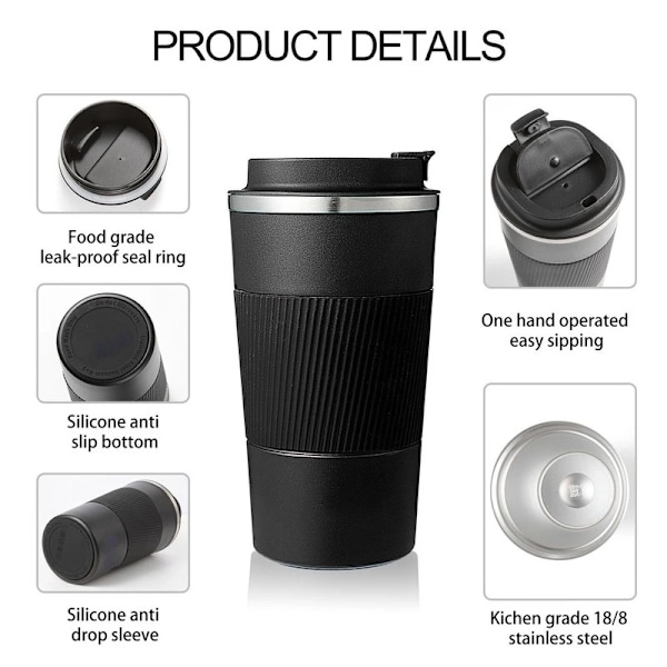 380Ml 510Ml Stål Kaffe Cup Termal Mugg Garrafa Termica Cafe Copo Termico Caneca Non-Slip Resor Bil I Isolerad Flaska black 380ml