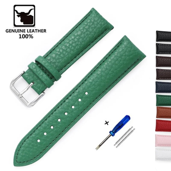 Litchi-mönster armband för watch i äkta läder 12 mm 14 mm 16 mm 18 mm 20 mm 22 mm Ersättningsarmband till klockor i kalvskinn green 16mm