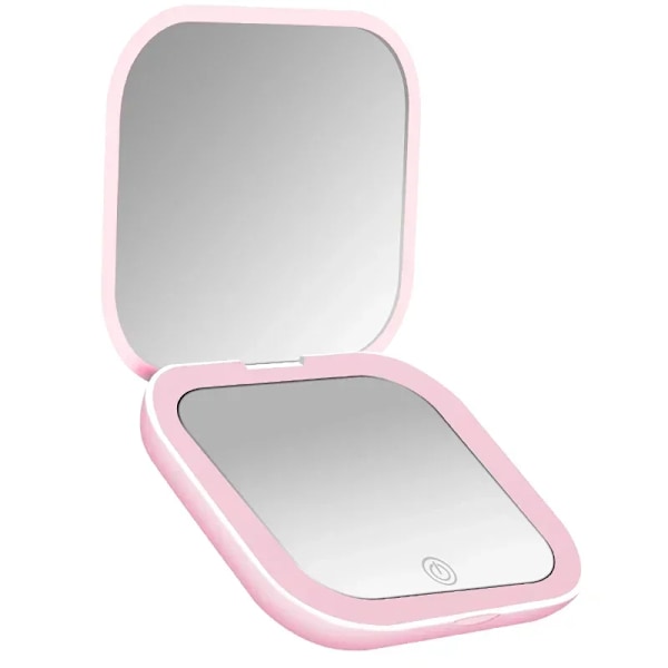 Kompakt Lilla Mini Gåva Vanity Bord Vikning Led Lampor Bärbara Hand Hållda Pocket Makeup Spegel 2X Förstoring Pink