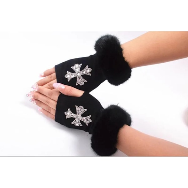 Kvinnlig Tecknad Uggla Half Finger Dance Handske Kvinnor Vinter Varm Plush Cuff Diamant Perle Skull Fingerless Sticka Skriv Glo Glo Skriva G102 Cross One Size