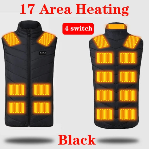 Multi-zon USB Uppvärmd Jacka Ärm Snabb Självuppvärmd Väst Herr Vinter Jakt Verwarmde Bodywarmer Elväst 발열조끼 17 Areas Black Asian size 5XL